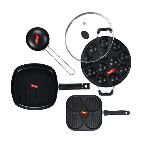 Sumeet NonStick Must Cookware Set (Mini Multi Snack Maker - 4 Cavity -19.5cm + Grill Appam Patra with Glass Lid - 12 Cavity - 22cm Dia + Grill Pan-22cm Dia + Waghariya/Tadka pan - 190Ml - 10Cm Dia)