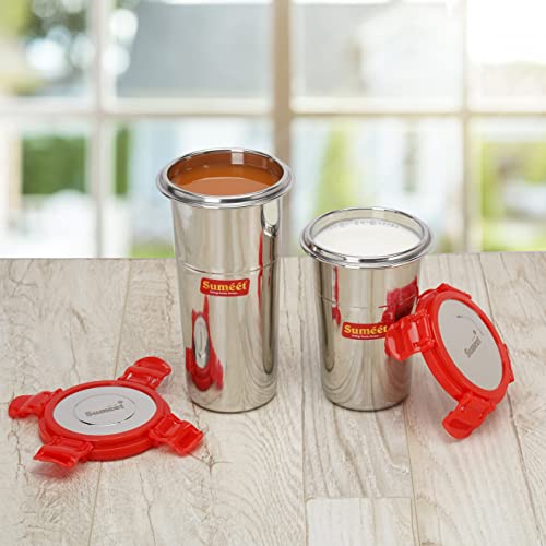 Sumeet Stainless Steel Airtight, Leak Proof, Freezer Safe and Dust Proof Tumbler with Stainless Steel Lid Set of 2 Pcs (400ml, 500ml) Dia - 8Cm(each)
