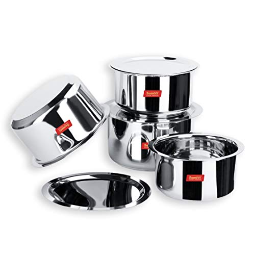 Sumeet 4 Pcs Large Size Stainless Steel Induction & Gas Stove Friendly Container Set/Tope/Cookware Set with Lids - Size No.15 to No.18 - Capacity -3.7 LTR to 6.4 LTR