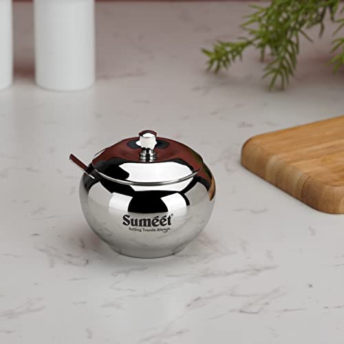 Sumeet Stainless Steel Ghee and Oil Pot, Storage Conrainer with Spoon for Kitchen, 8.5cm Dia, 230ML - Silver (Pack of 1)