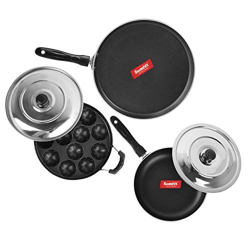 Sumeet 2.6mm Thick Non-Stick Rufina Combo Set (Dosa Tawa – 26.5cm Dia + Grill Appam Patra with Lid – 23cm Dia + Fry pan – 1.5Ltr Capacity – 21cm Dia)