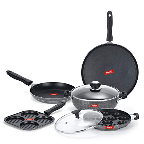 Sumeet NonStick Juodas Cookware Set(Dosa Tawa-26.5Cm Dia+Mini Multi Snack Maker-19.5cm+Kadhai with Glass Lid-22Cm Dia+Grill Appam Patra with Glass Lid-22cm Dia+Tapper pan-20Cm Dia)