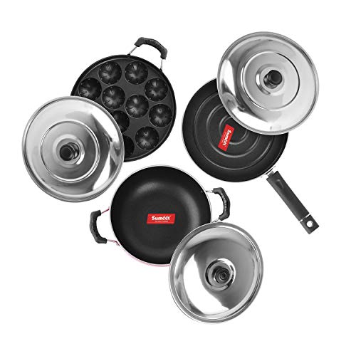 Sumeet 2.6mm Thick Non-Stick Kura Combo Set (Kadhai with Lid – 1.5Ltr Capacity- 20cm Dia + Grill Appam Patra with Lid – 23cm Dia + Pizza Pan – 23cm Dia)