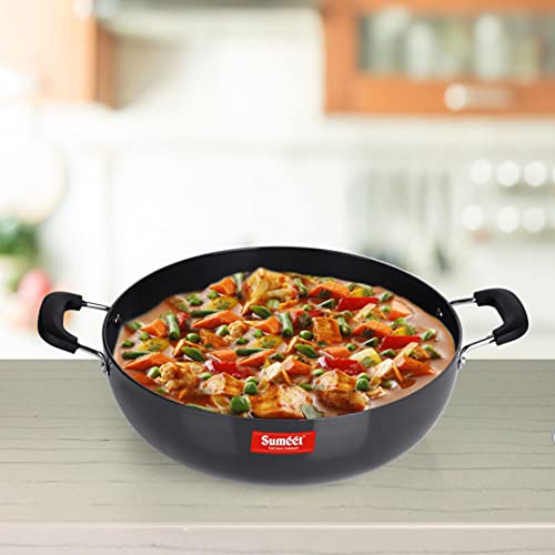 Sumeet 3mm Hard Anodized Aluminium Deep kadai, Big Size No.-15 (28.5cm Dia. 4.5 L Capacity, Black)