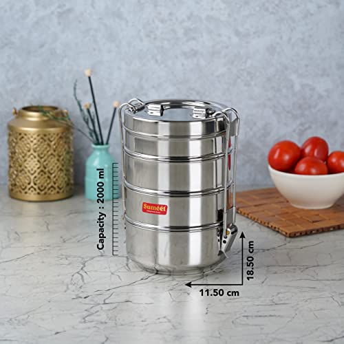 Sumeet Stainless Steel 4 Compartment Lunch Box / Tiffin with Lid and Handle, 11.5Cm Dia, (2000ML, Silver)