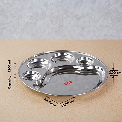 Sumeet Stainless Steel Round 5 in 1 Compartment Lunch / Dinner Plate Set of 6Pcs, 34cm Dia, Silver
