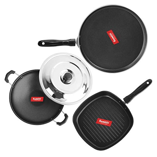 Sumeet 2.6mm Thick Non-Stick Flanna Combo Set (Dosa Tawa – 26.5cm Dia + Grill Pan with Lid – 23cm Dia + Appachatty – 22.2cm Dia)