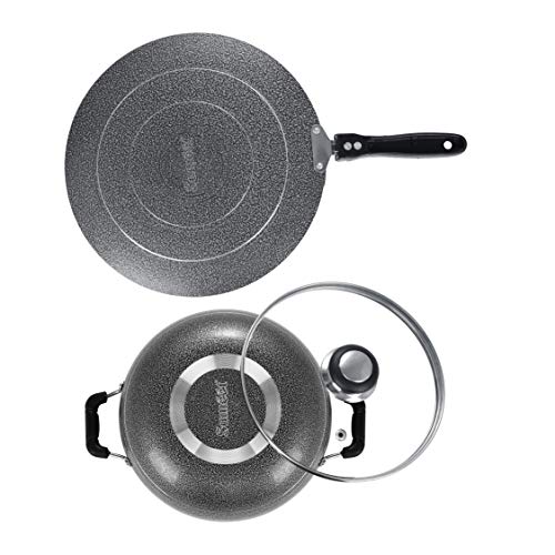 Sumeet NonStick Airgead Cookware Set (Kadhai with Glass Lid -2Ltr - 22Cm Dia + Conceve/Roti Tawa - 28Cm Dia)