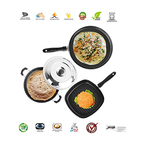 Sumeet 2.6mm Thick Non-Stick Flanna Combo Set (Dosa Tawa – 26.5cm Dia + Grill Pan with Lid – 23cm Dia + Appachatty – 22.2cm Dia)
