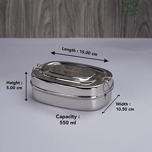 Sumeet Stainless Steel Rectangle Lunch Box/Tiffin with 2 Compartments and Locking Clip, 550ML, Ideal for 1 Person - Silver