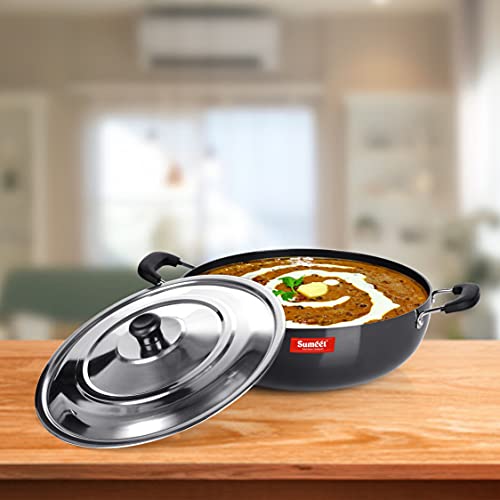 Sumeet 3mm Hard Anodized Deep kadai with Stainless Steel Lid Big Size No. - 15 (28.5cm Dia. 4.5 LTR Capacity)