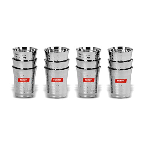 Sumeet Stainless Steel Handcrafted Hammered Texture 12 pc Glass Set (Capacity - 300Ml Each)