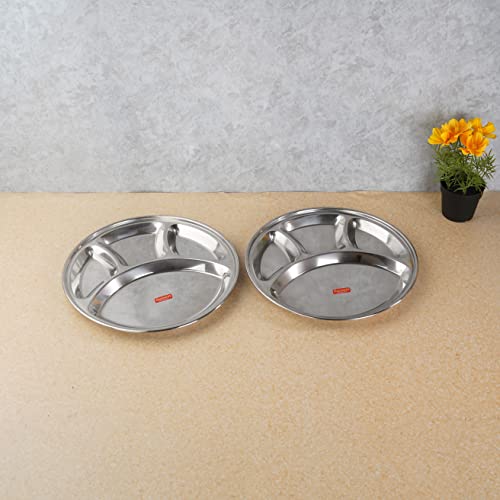 Sumeet Stainless Steel Round 4 in 1 Compartment Lunch / Dinner Plate Set of 2Pcs, 30.3cm Dia, Silver