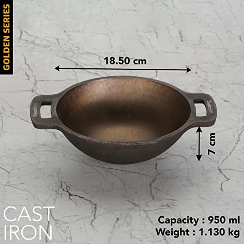 Sumeet Super Smooth Gold Series Pre Seasoned Cast Iron Small Kadai for Fry/Saute |950ml, 18.5cm 1.130kg.