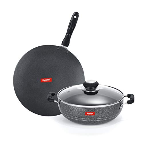 Sumeet NonStick Airgead Cookware Set (Kadhai with Glass Lid -2Ltr - 22Cm Dia + Conceve/Roti Tawa - 28Cm Dia)