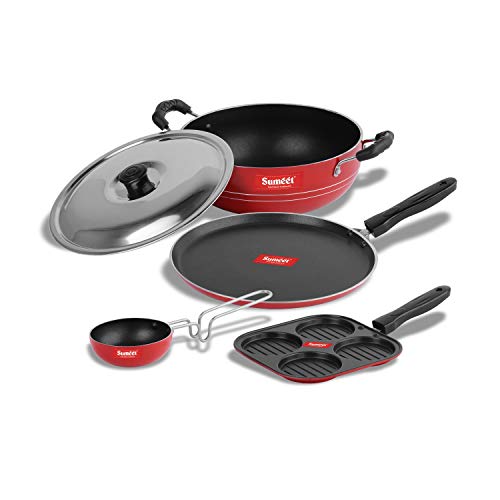 Sumeet 2.6mm Thick Non-Stick Rudh Cookware Set (Dosa Tawa – 26.5cm Dia + Mini Multi Snack Maker – 19.5cm Dia + Kadhai with Lid – 1.5Ltr Capacity- 20cm Dia + Tadka Pan – 10cm Dia)