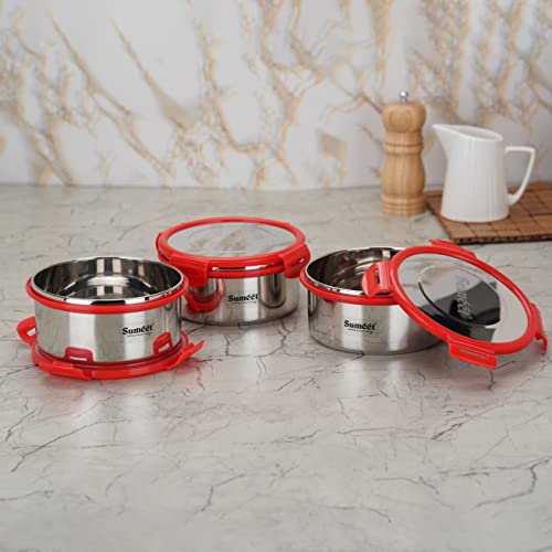 Sumeet Airtight & Leak Proof Steelexo S.S. Container/Lunch Box with Stainless Steel Lid Set Pack of 3Pcs (900ML, 14.5CM) - Silver