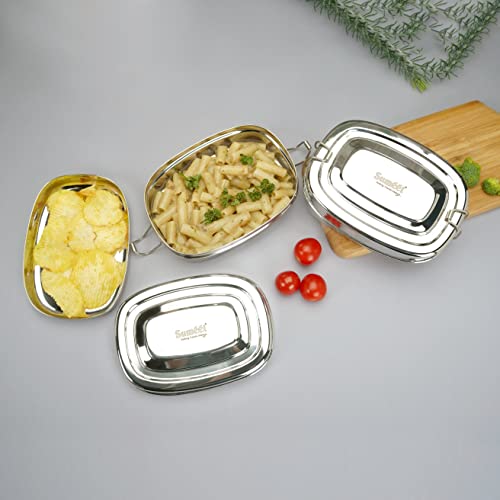 Sumeet Stainless Steel Rectangle Lunch Box/Tiffin with with 2 Compartments and Locking Clip,Set of 2 Pcs, 650ML & 1000ML, Ideal for 4 Person - Silver