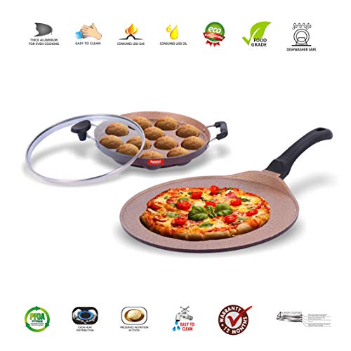 Sumeet Nonstick Granite Finish Kapow Cookware Set (Tawa 30.5cm Dia + Grill Appam Patra with Glass Lid - 12 Cavity - 23cm Dia)