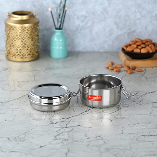 Sumeet Stainless Steel Meal Pack Lunch Box / Tiffin with Steel Separator Plate and Locking Clip, 250ML, 9.5cm Dia, Silver