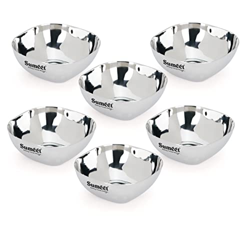Sumeet Heavy Gauge Stainless Steel Apple Square Bowl/Wati/Katori with Mirror Finish – 9.5cm Dia, Set of 6pc, 200ML Each - Silver