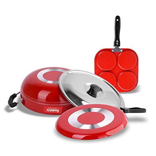 Sumeet 2.6mm Thick Non-Stick Red Blush Combo Set (Dosa Tawa – 26.5cm Dia + Multi Snack Maker – 26.5cm Dia + Kadhai with Lid – 1.5Ltr Capacity- 20cm Dia)