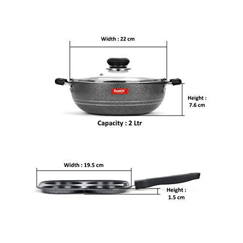 Sumeet NonStick Sidabras Cookware Set (Kadhai with Glass Lid -2Ltr - 22Cm Dia + Mini Multi Snack Maker - 4 Cavity -19.5cm)