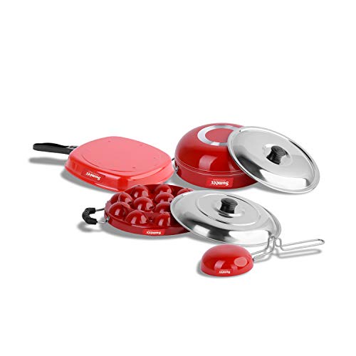 Sumeet 2.6mm Thick Non-Stick Puka Cookware Set (Kadhai with Lid – 1.5Ltr Capacity- 20cm Dia + Grill Appam Patra with Lid – 23cm Dia + Grill Pan – 1.1Ltr Capacity – 22cm Dia + Tadka Pan – 10cm Dia)