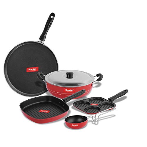 Sumeet 2.6mm Thick Non-Stick Redish Cookware Set (Dosa Tawa – 26.5cm Dia + Multi Snack Maker – 26.5cm Dia + Grill Pan – 1.1Ltr Capacity – 22cm Dia + Kadhai with Lid – 1.5Ltr + Tadka Pan – 10cm Dia)