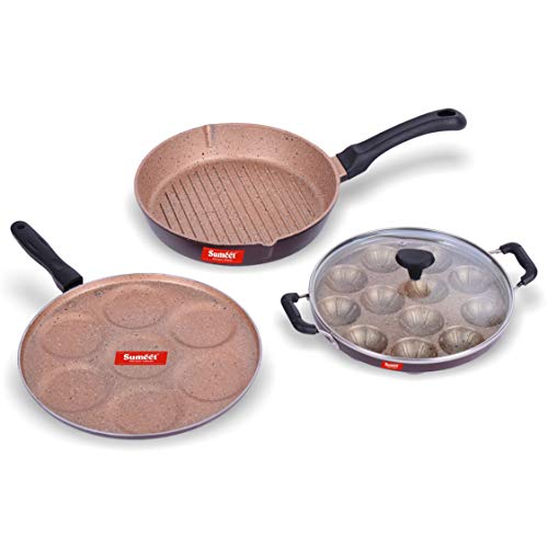 Sumeet Nonstick Granite Finish Ideal cookware Set (Round Grill Pan 25.5cm Dia + Grill Appam Patra with Glass Lid - 12 Cavity - 23cm Dia + Multi Snack Maker - 7 Cavity - 26.5cm Dia)