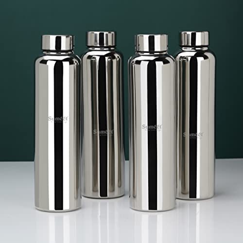 Sumeet Stainless Steel Jointless Akhand Leak-Proof Water Bottle / Fridge Bottle - 1000ML Set of 4, Silver