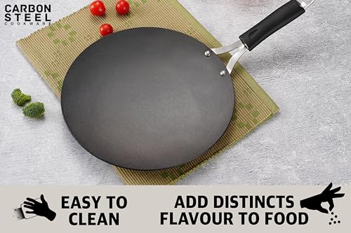 Sumeet Super Smooth Pre Seasoned Carbon Steel (Iron) Concave Tawa for Roti, Chapati, Paratha, Chila |Naturally Nonstick |22.5cm, Gas & Induction-Friendly, Black