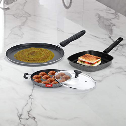 Sumeet NonStick Harmaa Cookware Set (Dosa Tawa - 26.5Cm Dia + Grill Appam Patra with Glass Lid - 12 Cavity - 22cm Dia + Grill Pan-22cm Dia)