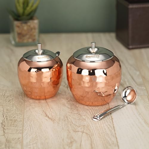 Sumeet Stainless Steel Copper Coated Handcrafted Hammered Ghee and Oil Pot, Storage Container with Spoon for Kitchen and Pooja, 7.5cm & 9cm Dia, 220ml & 320ML - Silver (Pack of 2)
