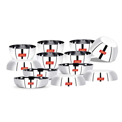 Sumeet Stainless Steel Mirror Finish Apple Shape Heavy Gauge Dessert Plates (6pc -12.8cm Dia) and Dessert Bowl (6pc - 9.8cm Dia) Set of 12Pcs