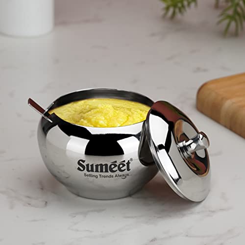 Sumeet Stainless Steel Ghee and Oil Pot, Storage Conrainer with Spoon for Kitchen, 8.5cm Dia, 230ML - Silver (Pack of 1)