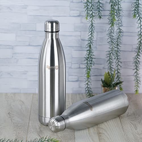 Sumeet Stainless Steel Double Walled Flask / Water Bottle, 24 Hours Hot and Cold, 800 ml, Silver - Set of 2 Pcs