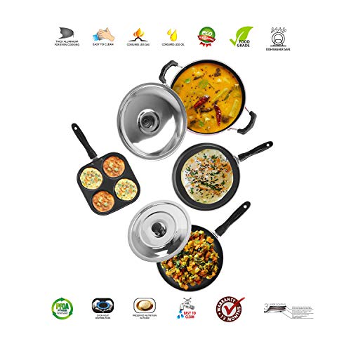 Sumeet 2.6mm Thick Non-Stick MENA Cookware Set (Dosa Tawa – 26.5cm Dia + Mini Multi Snack Maker – 19.5cm Dia + Kadhai with Lid – 1.5Ltr Capacity- 20cm Dia + Fry pan – 1.5Ltr Capacity – 21cm Dia)