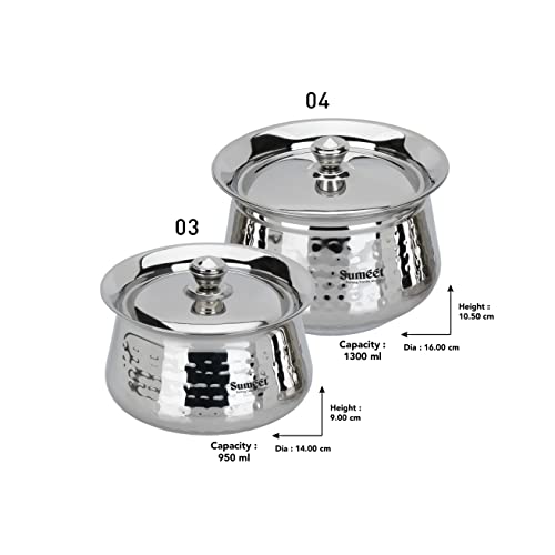 Sumeet Stainless Steel Handcrafted Hammered Texture Handi Set with Lid for Kitchen, Set of 2, 950ml & 1300ml, Silver