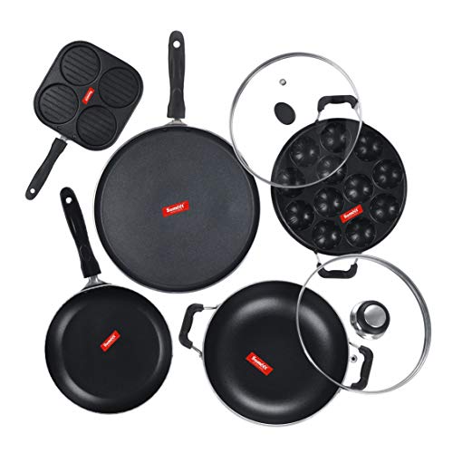 Sumeet NonStick Juodas Cookware Set(Dosa Tawa-26.5Cm Dia+Mini Multi Snack Maker-19.5cm+Kadhai with Glass Lid-22Cm Dia+Grill Appam Patra with Glass Lid-22cm Dia+Tapper pan-20Cm Dia)