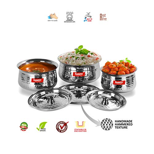 Sumeet Stainless Steel Handcrafted Hammered Texture 3 pc Induction & Gas Stove Friendly Cook and Serve Handi Set Set with Lids (Capacity -1 LTR, 1.2 LTR,1.7 LTR)