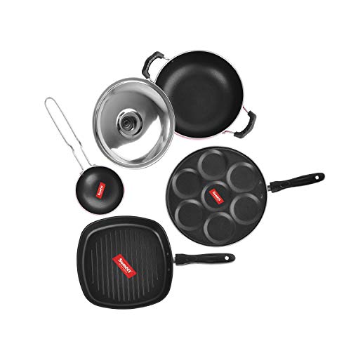 Sumeet 2.6mm Thick Non-Stick Roux Cookware Set (Multi Snack Maker – 26.5cm Dia + Kadhai with Lid – 1.5Ltr Capacity- 20cm Dia + Grill Pan – 1.1Ltr Capacity – 22cm Dia + Tadka Pan – 10cm Dia)