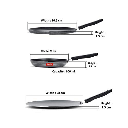 Sumeet NonStick Salaka Cookware Set (Dosa Tawa - 26.5Cm Dia + Tapper pan - 0.6Ltr - 20Cm Dia + Conceve/Roti Tawa - 28Cm Dia)