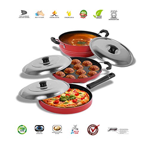 Sumeet 2.6mm Thick Non-Stick Kura Combo Set (Kadhai with Lid – 1.5Ltr Capacity- 20cm Dia + Grill Appam Patra with Lid – 23cm Dia + Pizza Pan – 23cm Dia)