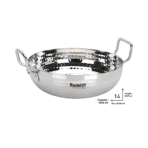Sumeet Stainless Steel Handcrafted Hammered Mathar Kadai for Kitchen, Big Size, 3550ML, 26cm Dia, Pack of 1, Silver