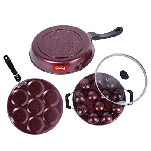 Sumeet Nonstick Granite Finish Ideal cookware Set (Round Grill Pan 25.5cm Dia + Grill Appam Patra with Glass Lid - 12 Cavity - 23cm Dia + Multi Snack Maker - 7 Cavity - 26.5cm Dia)