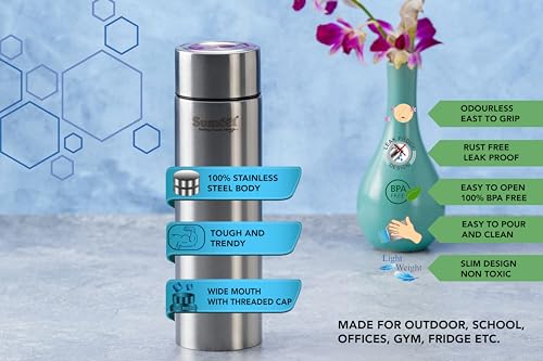 Sumeet H2O-Aqua Stainless Steel Leak Proof Water Bottle Office/School/College/Gym/Picnic/Home/Fridge - 1 Litre |Pack of 3| Silver