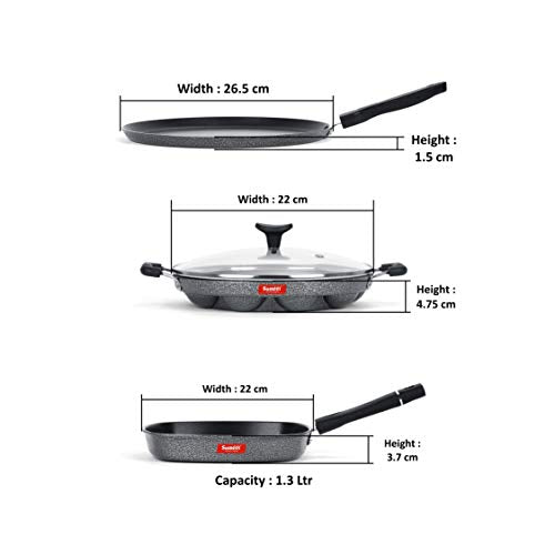 Sumeet NonStick Harmaa Cookware Set (Dosa Tawa - 26.5Cm Dia + Grill Appam Patra with Glass Lid - 12 Cavity - 22cm Dia + Grill Pan-22cm Dia)