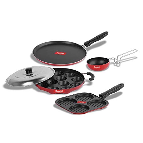 Sumeet 2.6mm Thick Non-Stick Kelp Cookware Set (Dosa Tawa – 26.5cm Dia + Mini Multi Snack Maker – 19.5cm Dia + Grill Appam Patra with Lid – 23cm Dia + Tadka Pan – 10cm Dia)