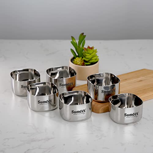 Sumeet Heavy Gauge Stainless Steel Square Bowl/Wati/Katori with Mirror Finish – 6.5cm Dia, Set of 6pc, 150ML Each - Silver